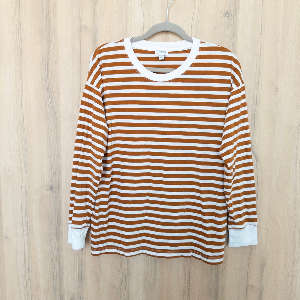 J.Crew Womens Striped Long Sleeve Shirt L Orange White Cotton Preppy Parisian